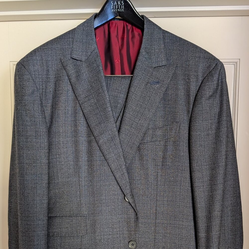 NWOT Isaia Napoli Mid Gray Plaid Check 3-Piece Suit Vest Peak Lapel EU52R US42R